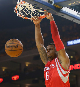 May 21, 2015; Oakland, CA, USA; Houston Rockets forward Terrence Jones (6) dunks to score a basket against the Golden State Warriors during the first half in game two of the Western Conference Finals of the NBA Playoffs. at Oracle Arena. Mandatory Credit: Kelley L Cox-USA TODAY Sports