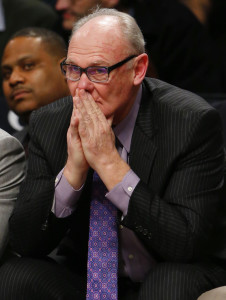 Feb 5, 2016; Brooklyn, NY, USA; Sacramento Kings head coach George Karl watches play between the Brooklyn Nets and the Kings during the second half at Barclays Center. The Nets defeated the Kings 128-119. Mandatory Credit: Noah K. Murray-USA TODAY Sports