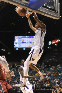 March 9, 2016; Las Vegas, NV, USA; Washington Huskies guard Dejounte Murray (5) dunks the basketball against the Stanford Cardinal during the first half of the Pac-12 Conference tournament at MGM Grand Garden Arena. Mandatory Credit: Kyle Terada-USA TODAY Sports