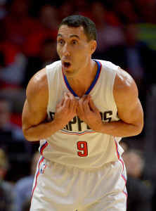 Apr 27, 2016; Los Angeles, CA, USA; Los Angeles Clippers guard Pablo Prigioni (9) reacts to a foul call in the second half of game five of the first round of the NBA Playoffs against the Portland Trail Blazers at Staples Center. Trail Blazers won 108-98. Mandatory Credit: Jayne Kamin-Oncea-USA TODAY Sports