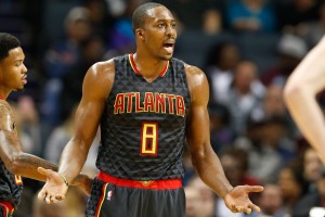 Nov 18, 2016; Charlotte, NC, USA; Atlanta Hawks center Dwight Howard (8) reacts to a foul call in the second half against the Charlotte Hornets at Spectrum Center. The Hornets defeated the Hawks 100-96. Mandatory Credit: Jeremy Brevard-USA TODAY Sports