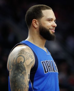 Feb 15, 2017; Auburn Hills, MI, USA; Dallas Mavericks guard Deron Williams (8) smiles during the first quarter against the Detroit Pistons at The Palace of Auburn Hills. Pistons won 98-91. Mandatory Credit: Raj Mehta-USA TODAY Sports