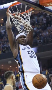 Apr 20, 2017; Memphis, TN, USA; Memphis Grizzlies forward Zach Randolph (50) dunks the ball during the second quarter against the San Antonio Spurs in game three of the first round of the 2017 NBA Playoffs at FedExForum. Mandatory Credit: Nelson Chenault-USA TODAY Sports