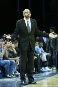 Nov 20, 2017; Memphis, TN, USA; Memphis Grizzlies head coach David Fizdale reacts on the sidelines during the first half against the Portland Trailblazers at FedExForum. Mandatory Credit: Nelson Chenault-USA TODAY Sports