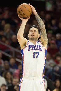 JJ Redick of the Philadelphia 76ers arrives before Game One of the