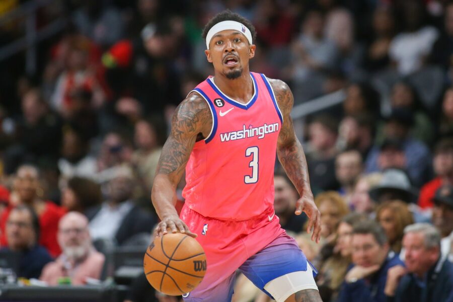 Washington Wizards guard Bradley Beal wears a No. 8 jersey in