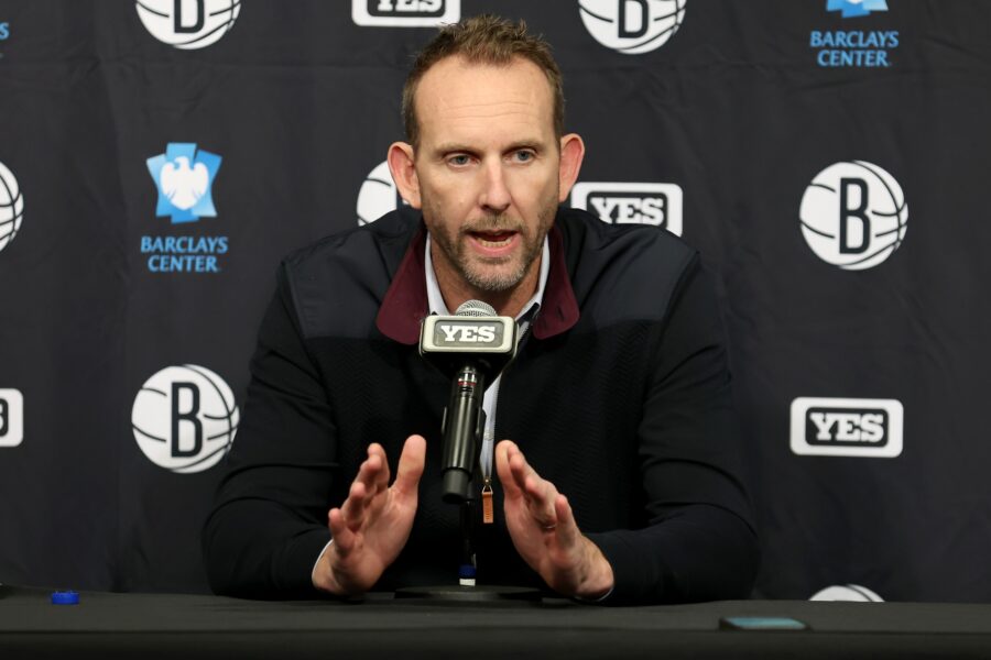 Brooklyn Nets General Manager Sean Marks speaks to reporters